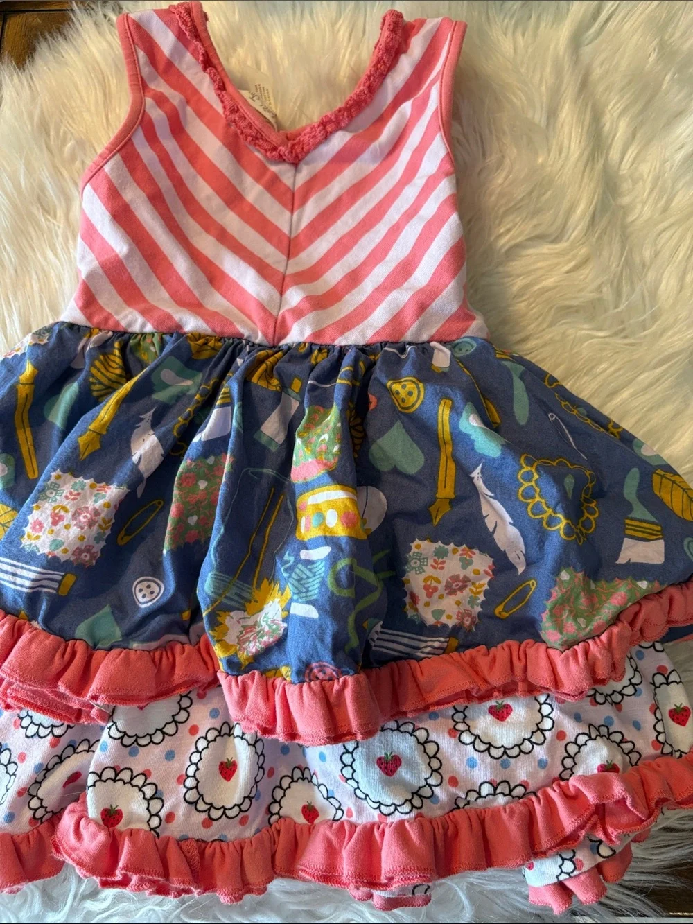 Matilda Jane Coral Pink & Navy Multi Sewing Print Dress